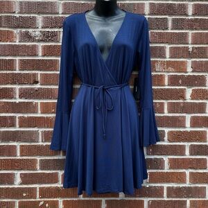 Lulus Plot Twist Flounce Sleeve Stretch Wrap Dress Mini Navy Blue Sz M NEW
